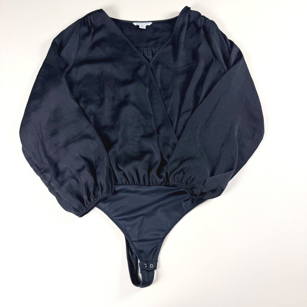 American Eagle Black Satin Surplice Wrap Bodysuit Balloon Sleeve Size S Chic